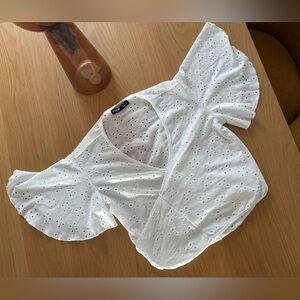 SHEIN White Eyelet Flutter Sleeve Wrap Blouse